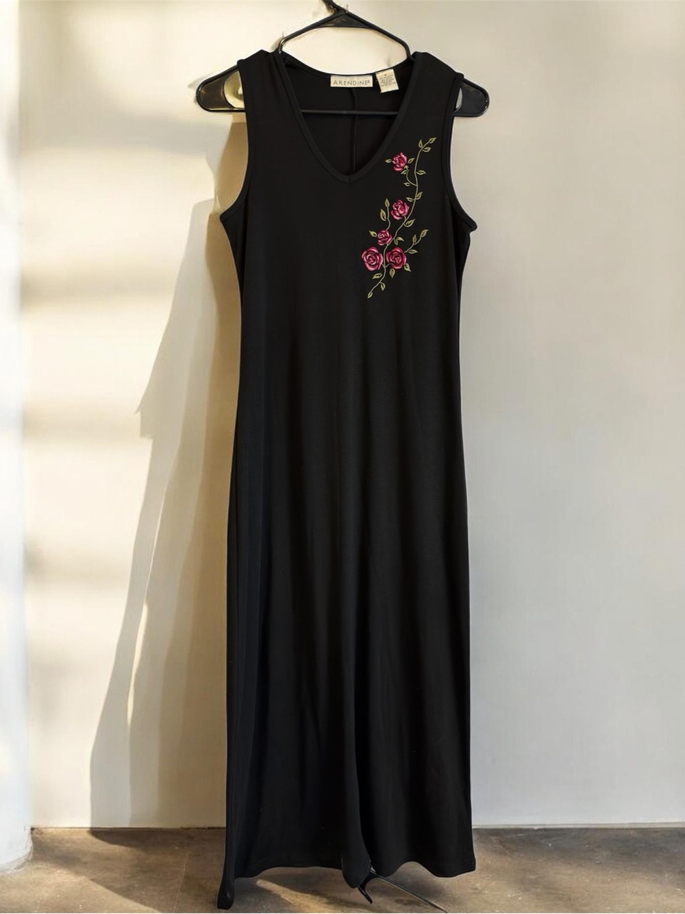 Vintage 90s Maxi Dress with Pink Rose Embroidery